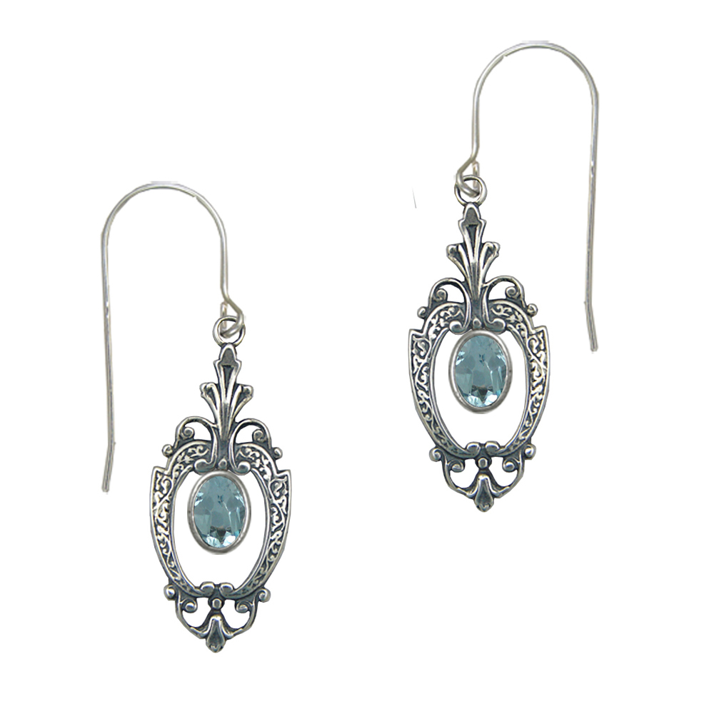 Sterling Silver Art Deco Drop Dangle Earrings With Faceted BlueTopaz